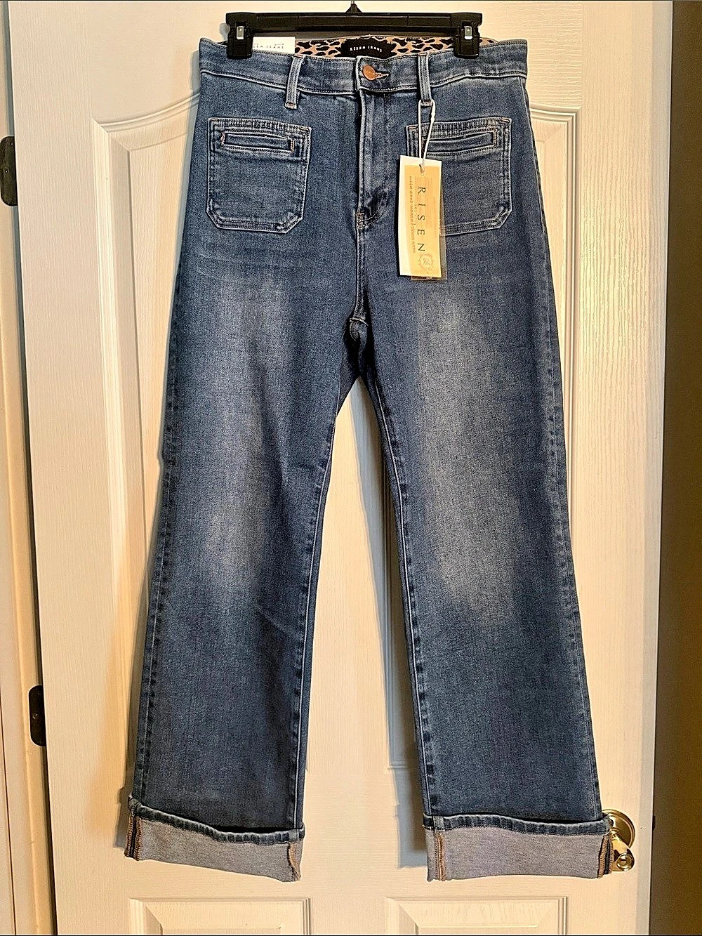 Risen High Rise Wide Leg Cuffed Front Patch Pocket Jeans Blue